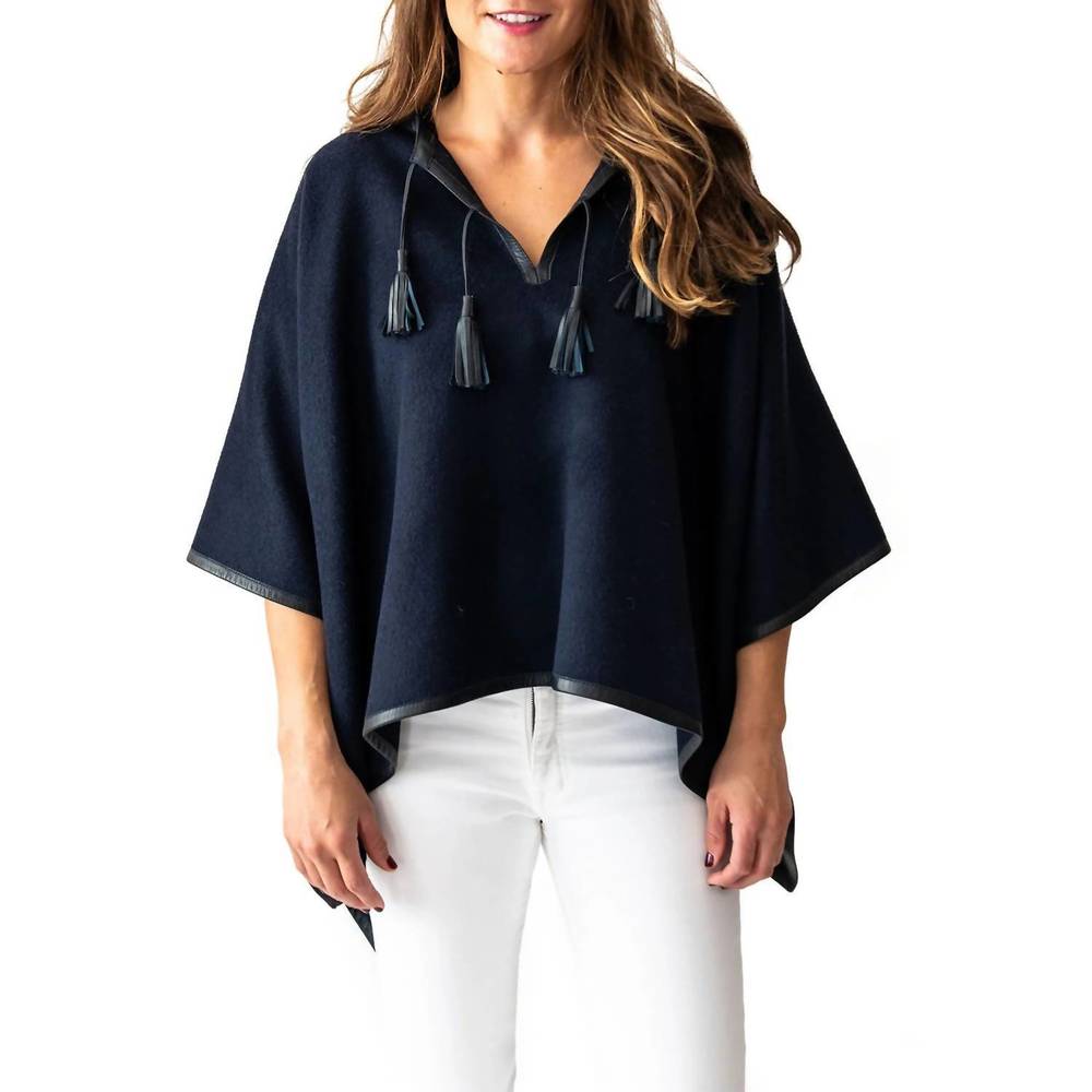 NEW STICK & BALL leather trim baby alpaca poncho in navy